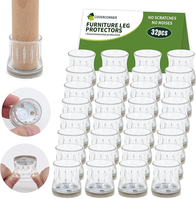 COVERCORNER 32PCS Chair Leg Floor Protectors, Chair Leg Protectors for Hardwood Floors, Furniture Pads for Hardwood Floors, Chair Socks Universal L Clear Fit 0.75"-0.94"