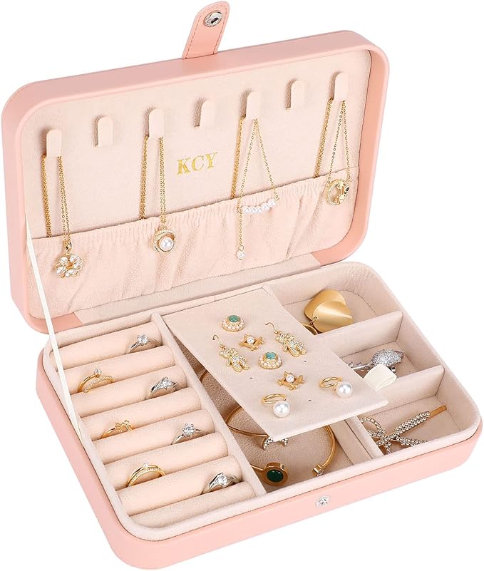 KCY Travel Jewelry Organizer Box for Women Girls, Small Travel Jewelry Case, PU Leather Portable Jewellery Storage Boxes Display Holder for Ring Earrings Necklace Bracelet Bangle, Gifts, Pink