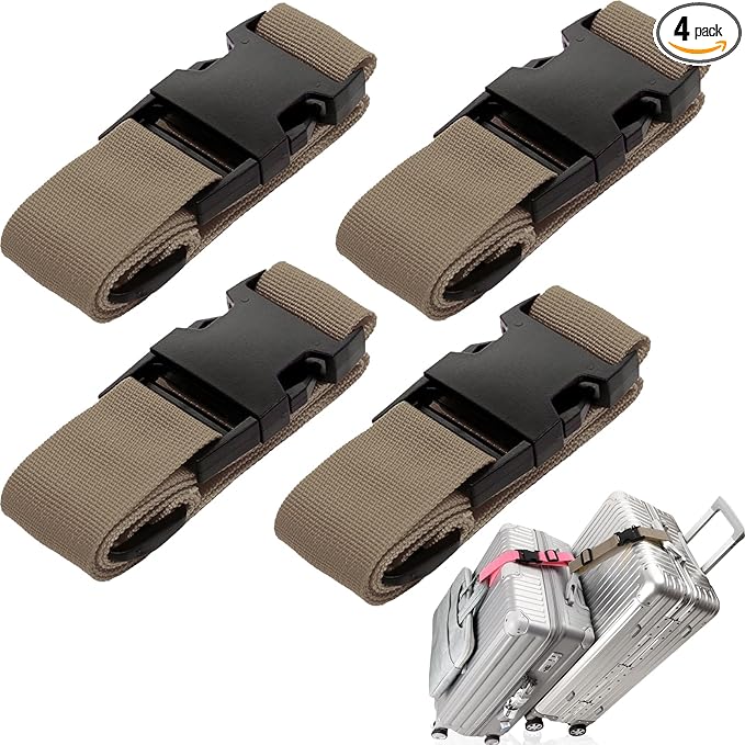 4Pack Luggage Straps for Suitcases, Travel Connector for Carry On Bag, Add Bag to Connect Two Suitcases, Adjustable Belt Attachment Accessories for Connect Your 3 Luggages, Brown