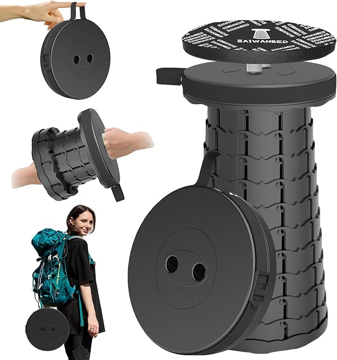2025 Upgraded 45cm Collapsible Stool with Cushion, Maximum Loading 440 Pounds, Portable and Lightweight Adjustable Seat, Camping Retractable Stool for Outdoor Camping, Fishing, Hiking, BBQ
