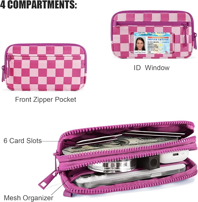 Checkered WristleWallets for Women, RFID Wallet Crossbody with 4 Zippers, Credit Card Holder Cell Phone Organizer