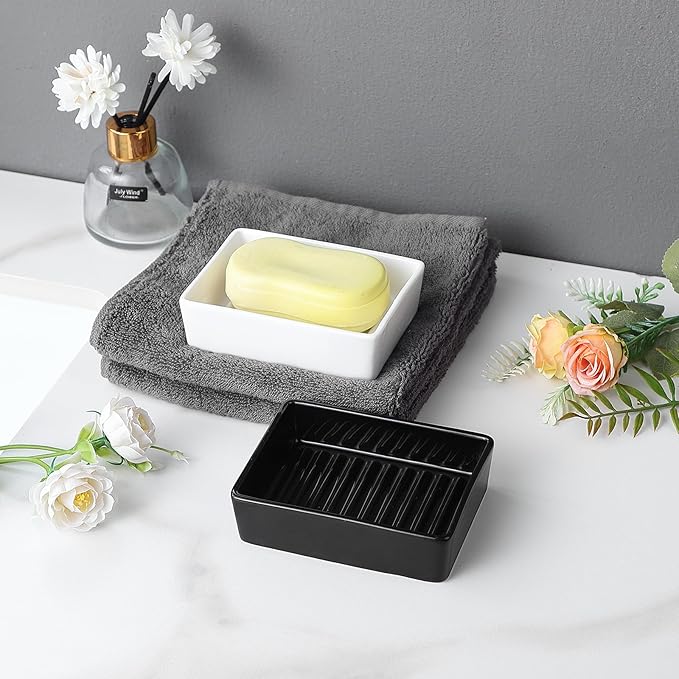 White Rectangle Soap Dish - Modern Ceramic Hand Soap Holder Non-Slip Bar Soap Holder Soap Tray for Bathroom, Kitchen Sink, Shower, Countertop, Easy to Clean