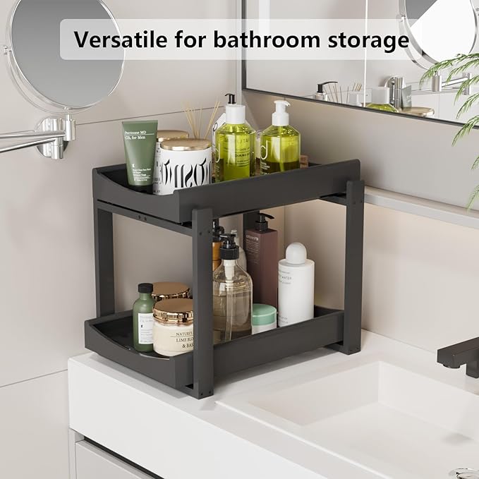 Wisuce Essentials Bamboo Under Sink Organizer Adjustable Height 2-Tier Bathroom Organizer Pull-Out Cabinet Storage Heavy Duty Wood Slide Out Shelf for Kitchen Bathroom (Black, 1 Pack)