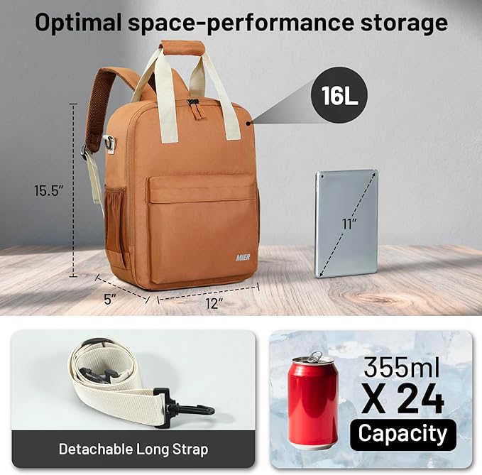 MIER Backpack Cooler 24 Cans Insulated Soft Cooler Bag with Detachable Double Decker Leakproof Lightweight Lunch Back Pack Women Men for Work Travel Picnic, Brown