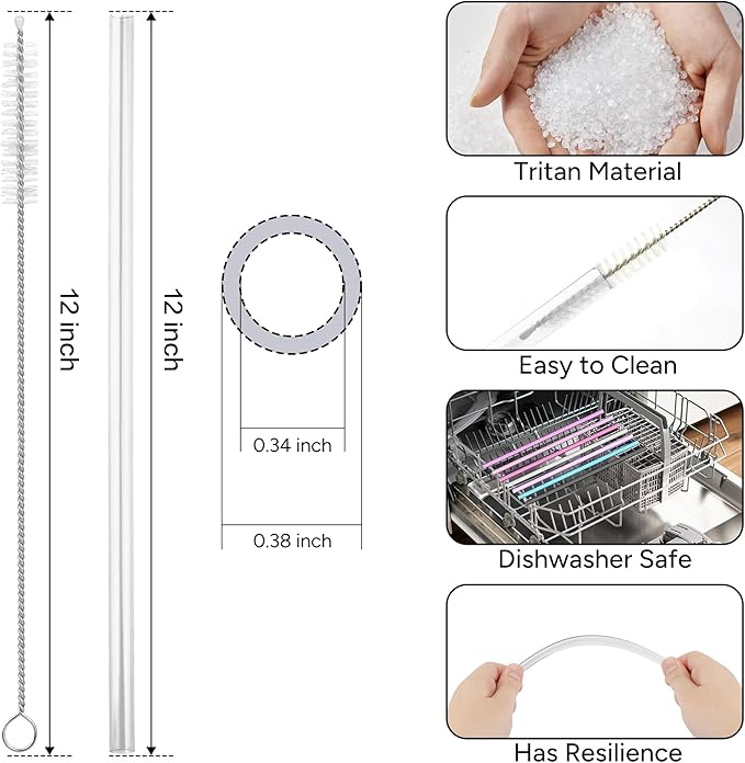 Replacement Straw Compatible with 40 oz Stanley Quencher Tumbler, 12 Inch Extra Long Reusable Plastic Straws for 40 Oz Cup,Clear-6 Pack