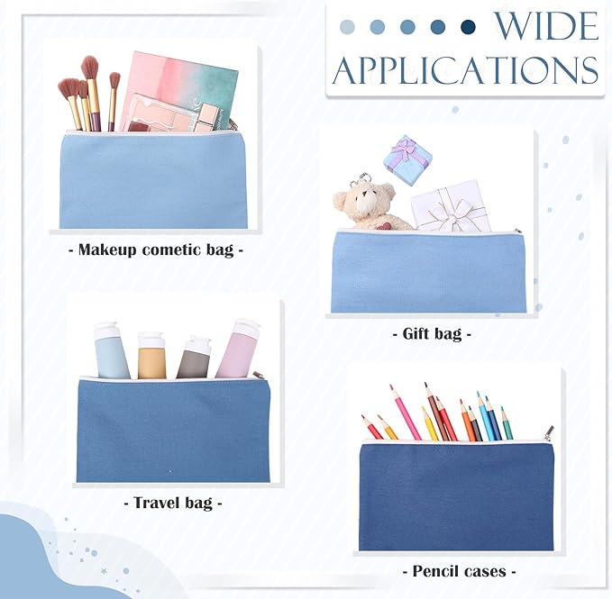 Reginary 10 Pcs Valentines Canvas Makeup Bags Bulk for Women Travel Toiletry Cosmetics Bags Blank DIY Pencil Pouch, Gift for Valentines Patrick's Day Wedding Bridal Shower Coworker(Blue)