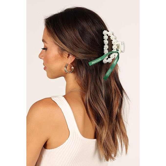 DEEKA Bridesmaid Proposal Gifts 8 Pack Pearl Bridesmaid Hair Claw Clips with Ribbon 3 Inch Hair Clips Bachelorette Party Favors Bridal Party Present Hair Accessories (Half Circle White&Dark Green)