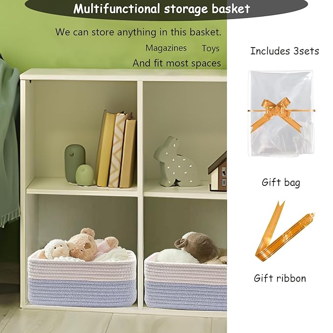 COMFY-HOMI 11.5"x7.5"x4.7" Storage Baskets for Organizing | Cotton Rope Woven Basket | Toy Storage Bin Box | Basket for Shelves, Closet Organizer Bin, Decorative Closet Shelf, 3 Pack, white/bule