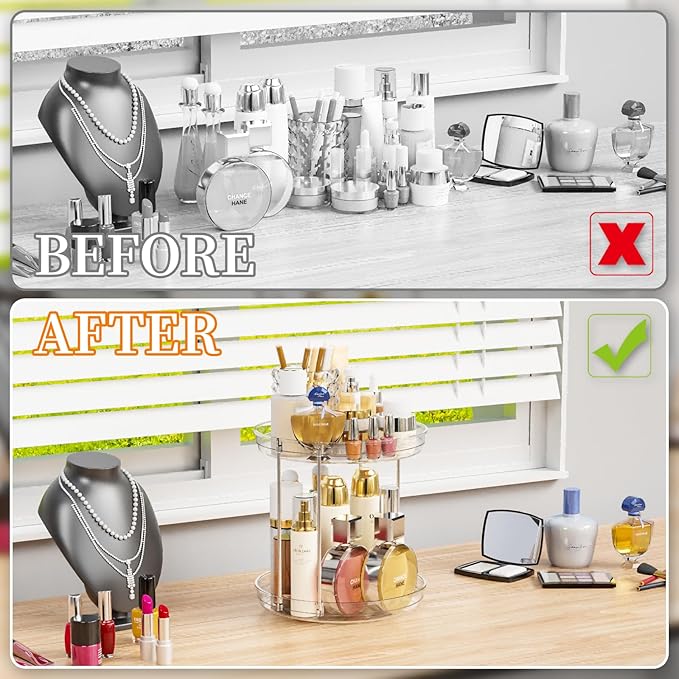 Yieach Clear 360 Rotating Bathroom Counter Organizer,2 Tier Spinning Perfume Organizer and Makeup Tower for Lotion,Hair,Face Skincare Beauty Products,Tiered Lazy Susan and Makeup Organizers for Vanity