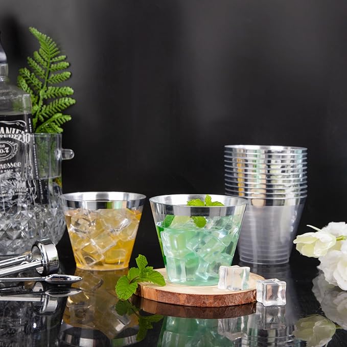 Hioasis 200Pcs 9OZ Clear Plastic Cups with silver Trim - Plastic Disposable Cups, Heavy Duty & BPA-free for Party, Wedding, Celebration