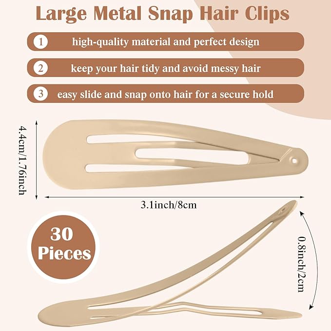 WILLBOND 30 Pieces 3.1 Inch Large Metal Snap Hair Clips Nonslip Barrettes Women Hair Accessories (Taupe)