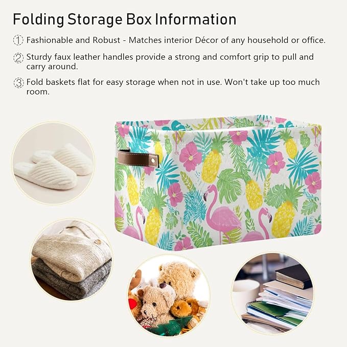 Aslsiy Storage Basket Summer Flamingo Hibiscus Nursery Bins Tropical Leaf Pineapple Baby Box Canvas Clothes Shelf Basket Laundry Hamper Gift Basket for Home Closet 1 Pcs