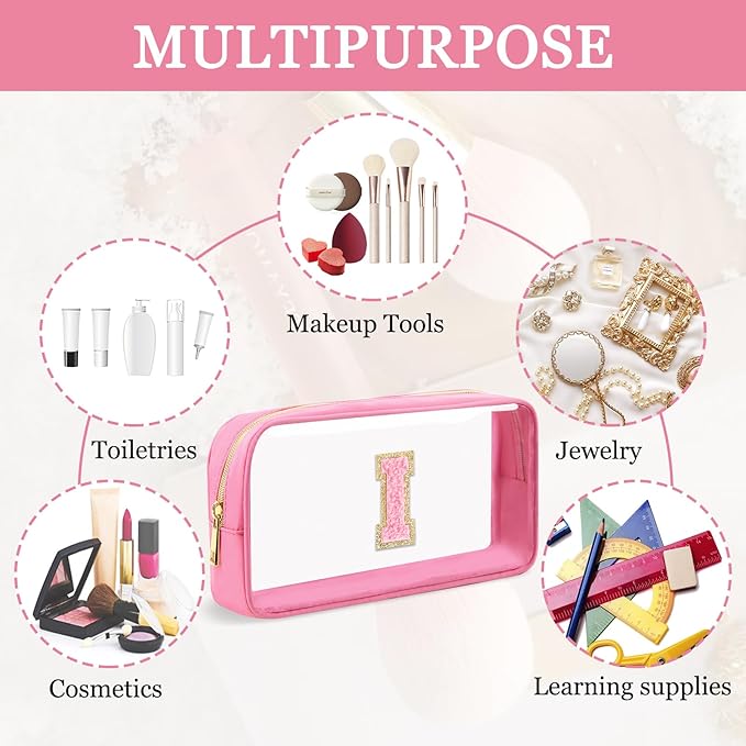 Small Clear Personalized Initial Makeup Bag,Nylon Preppy A-Z Chenille Letter Patch Cosmetic Pouch Beach Toiletry Bag,Waterproof Zipper Travel Purse Storage Bag Organizer for Women Girls(Pink-Pink I)