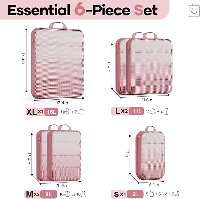 Veken 6/9/11 Set Compression Packing Cubes for Travel Essentials,Compressible Expandable Large Luggage Suitcase Organizer Bags for Clothing,Durable Space Saver Storage Bags(Pink)