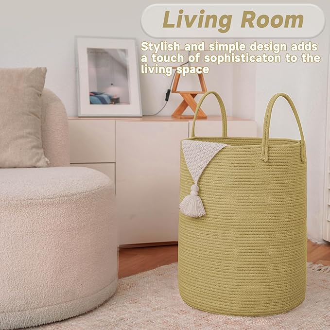 Large Woven Laundry Basket Hamper, 80L Cotton Rope Storage Bin for Blankets, Toys and Clothes, Decorative Tall Nursery Hamper for Living Room, Baby Nursery, Bathroom and Bedroom, Jute