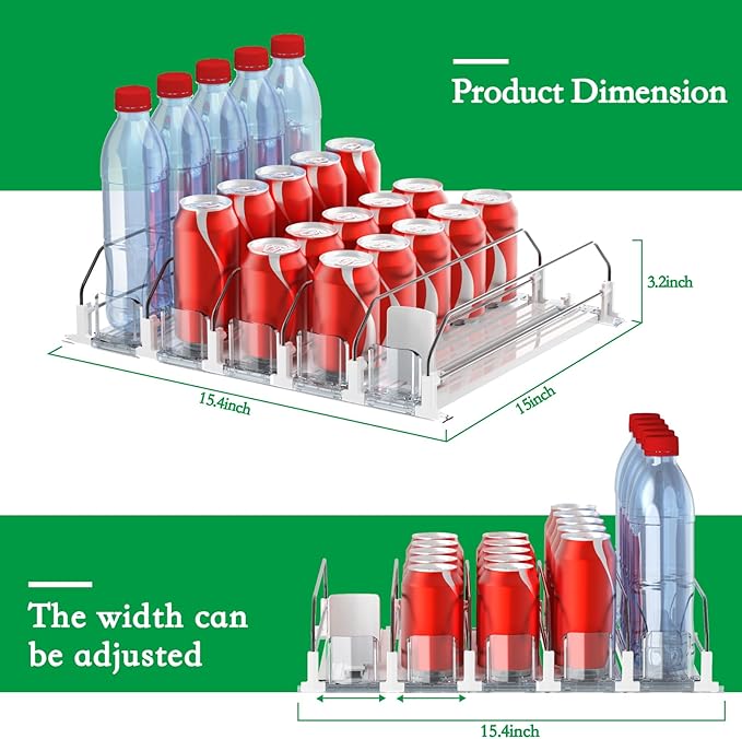 Drink Organizer for Fridge - White Automatic Pusher Glide, 12oz 16oz 20oz - Soda Dispenser for Fridge - Holds up to 25 Cans