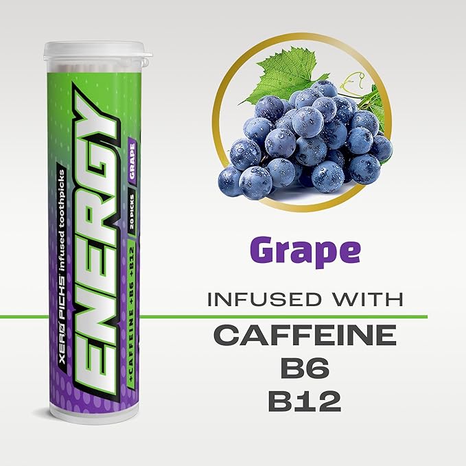 Xero Picks Energy Caffeine Flavored Toothpicks B12 for Focus & B6, 60 Picks (Pack of 3) (Grape) Sugar-Free Alternative to Energy Mints & Gum - Kosher