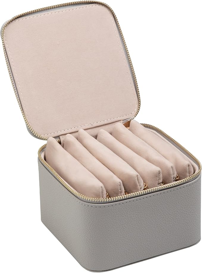 Frebeauty Small Travel Jewelry Box,Travel Jewelry Case with 6 Pouch Bags,Portable Travel Jewelry Organizer,Mini Jewelry Storage,3.35 x 4.9 x 4.8 Inches,Gift Idea for Women Girls (Grey)