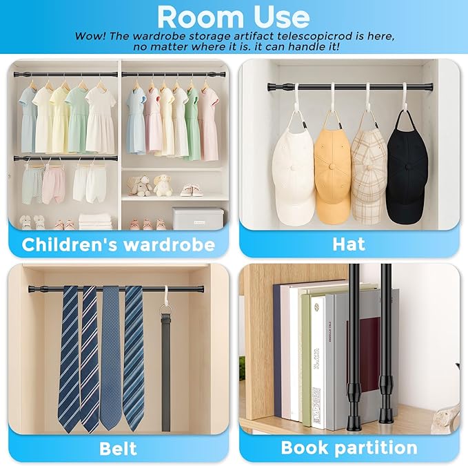 Tension Curtain Rod 28-48 inch Small Tension Rods Black Adjustable Spring Tension Curtain Rods 6PCS Mini Curtain Rod Short for Cupboard Closet Rod Kitchen Drawers No Drill Cupboard Cabinets