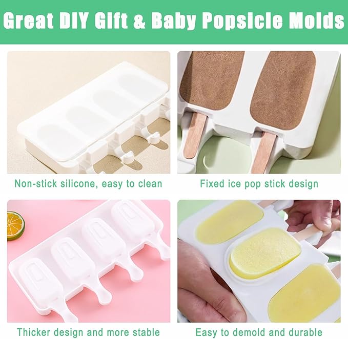 2 Pack Silicone Popsicle Molds, Largre Oval 4 Cavities Homemade Ice Pop Molds with 100 Wooden Sticks for Ice Cream, Cakesicles, Cake Pop