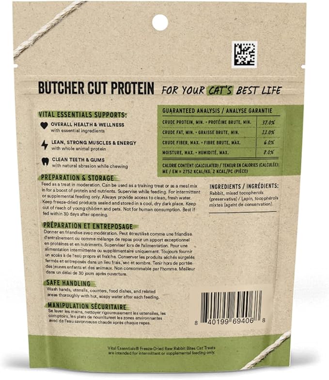 Vital Essentials Freeze Dried Raw Cat Treats, Rabbit | Bites | 0.9 oz | Pack of 2