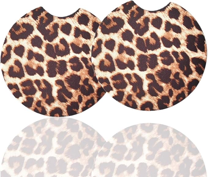 2 Pack Car Coasters for Drinks - 2.75 Inch Cute Cup Holder Coasters for Women, Removable Absorbent Coaster, Interior Accessories for Women & Girls (Yellow Leopard)