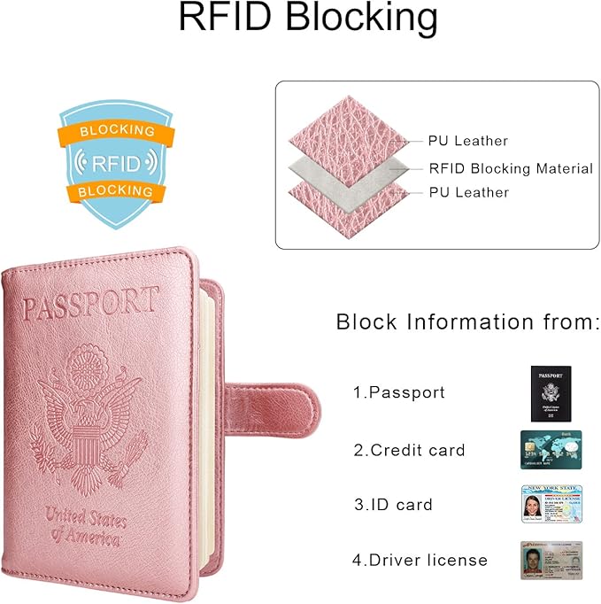 WALNEW Passport Holder for Travel, RFID Passport Cover Wallet for Women Men, PU Leather Passport Book Card Holder Case with Pen (Buckle Closure, Buckle-Rosegold)