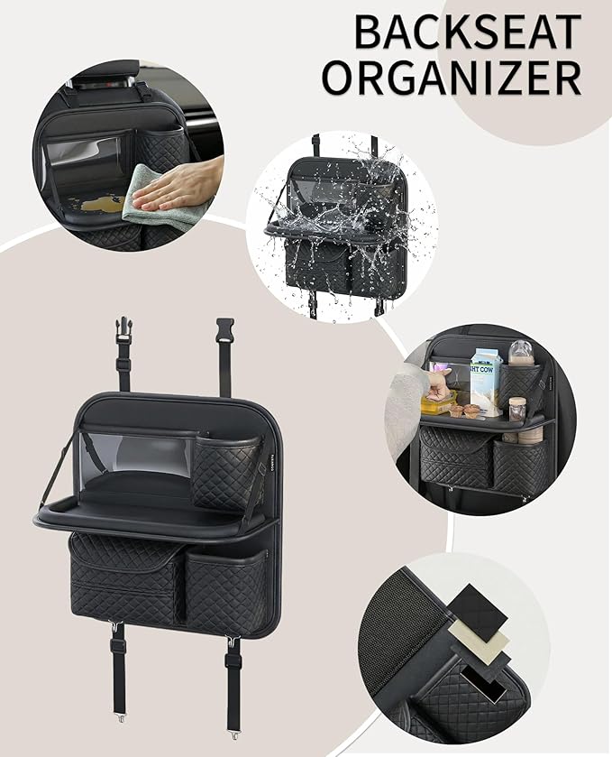 Leather Car Backseat Organizer with Foldable Table Tray - Cup, Tissue, Tablet Holder & Purse Hook, Road Trip Essentials for Car (Black)
