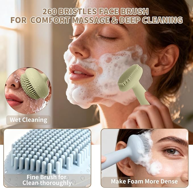 2 Pack Silicone Face Scrubber,2 in 1 Facial Cleansing Brush & Face Mask Applicator, Face Exfoliator Scrubber Waterproof Home Spa Facial Brush for Sensitive Skin(Dusty Blue and Sage Green)