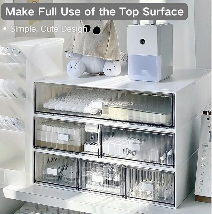 Hacaroa 3 Tier Mini Desk Organizer with 6 Drawers, Plastic Desktop Drawers Storage Box, Stackable Makeup Organizer Craft Storage Case for Office, School, Bathroom, Detachable Design, White