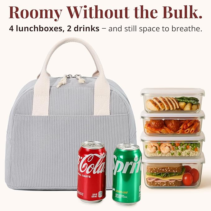 LOVELYWIND Insulated Lunch Bag for Women Men, Stylish Corduroy Tote Bag with Aluminum Lining, Large Capacity Reusable Cooler for Work, Travel, or Beach, Cloud Gray Lunch Box