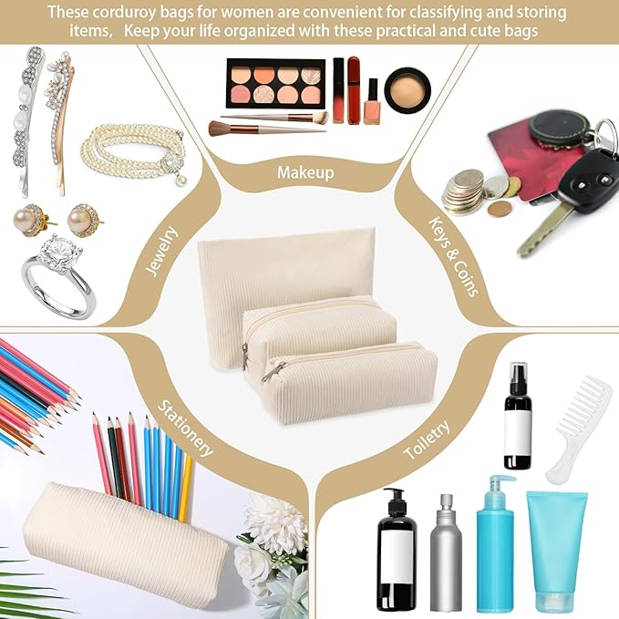 3 Pcs Makeup Bag Set for Women Corduroy Cosmetic Pouch Aesthetic Smile Travel Toiletry Bag Cute Purse Pouch Pencil Case Makeup Brushes Storage Organizer for Christmas(White,Solid Style)