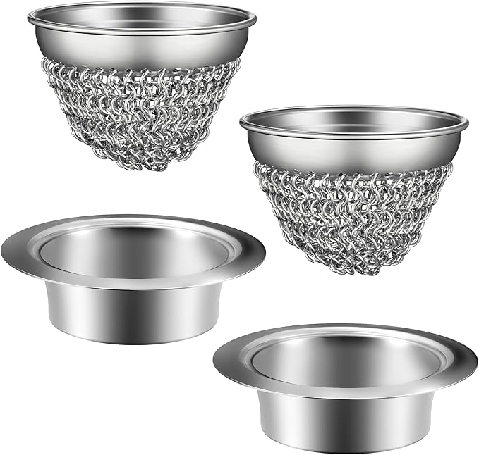 2 Set Kitchen Sink Strainer (Silver): with Adapter, Flexible Insert Chain Mesh Screen. 304 Stainless Steel, Clog-Free Catcher for Universal Sizes (Garbage Disposal)