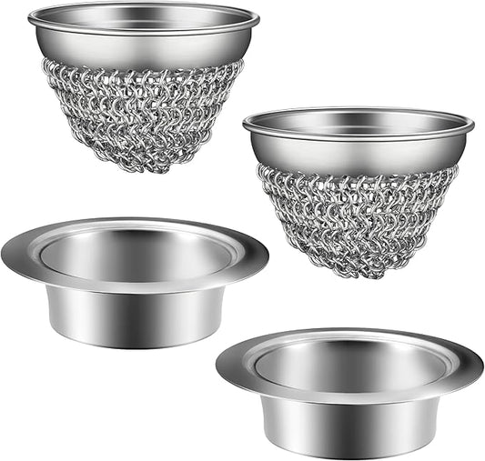 2 Set Kitchen Sink Strainer (Silver): with Adapter, Flexible Insert Chain Mesh Screen. 304 Stainless Steel, Clog-Free Catcher for Universal Sizes (Garbage Disposal)