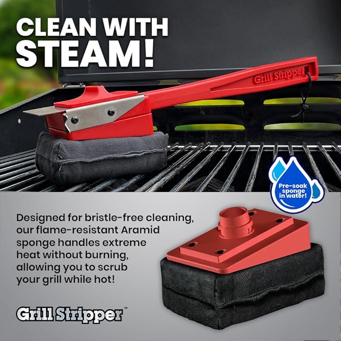 GRILL STRIPPER Bristle Free Grill Brush with Extra Sponge - Steam Grill Brush Bristle Free with Patent Pending Triple Scraper and Dishwasher Safe Replaceable Fire Resistant Steam Sponge