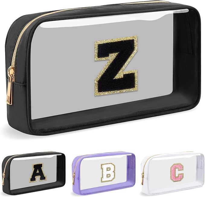 Personalized Initial Letter Clear Makeup Bag, Preppy Small Nylon & PVC Cosmetic Zipper Bag with Chenille Letter, Travel Skincare Toiletry Bag, Monogram Christmas Gift for Teen Girls Women