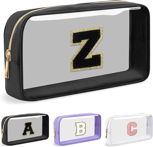 Personalized Initial Letter Clear Makeup Bag, Preppy Small Nylon & PVC Cosmetic Zipper Bag with Chenille Letter, Travel Skincare Toiletry Bag, Monogram Christmas Gift for Teen Girls Women