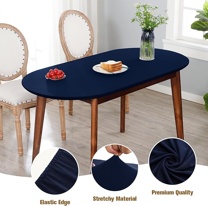 Fitted Oval Tablecloth 48 x 68 Inch Elastic Table Cloth, Stretch Spandex Table Cover Navy Washable Polyester Top Cap Cover for Dining Picnic Camping Indoor and Outdoor