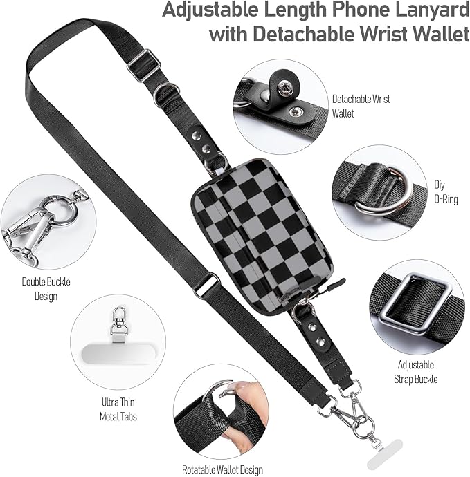 Clip and Go Strap for Phone with Wallet Crossbody Phone Lanyard and Detachable Checkered Bag with ID Window and RFID Pouch for Daily Travel.