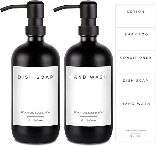 Emerson Essentials Soap Dispenser Set, Dish Soap for Kitchen, Bathroom Set - Hands and Dishes for Home, Farmhouse, Glass Soap Dispenser with Pump and Labels | 16 Oz, 2 Pack