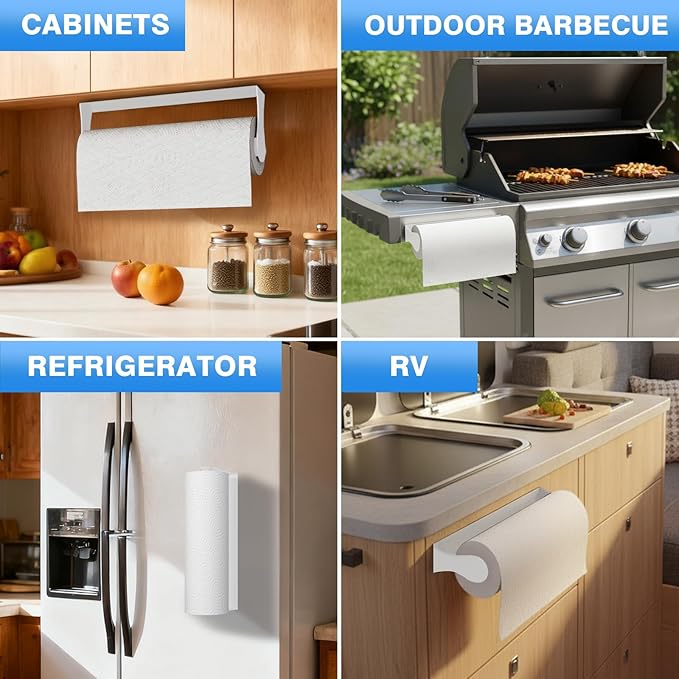 Paper Towel Holder Under Cabinet, Adhesive or Screw Mount, Fits Standard & Mega Rolls, Wall Mount Rack for Kitchen, Bathroom, RV, White
