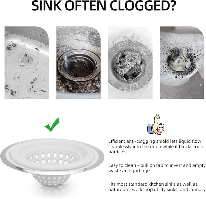 2 PCS Kitchen Stainless Silicone Sink Strainer, 4.5 inch Diameter… (White)