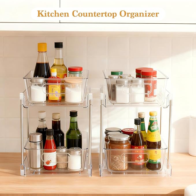 1 Pack 2-Tier Bathroom Organizers and Storage, Clear Under Sink Organizer Vanity Countertop Storage Pantry Organizers, Pull-Out Cabinet Organizer With Track For Bathroom, Kitchen, Pantry