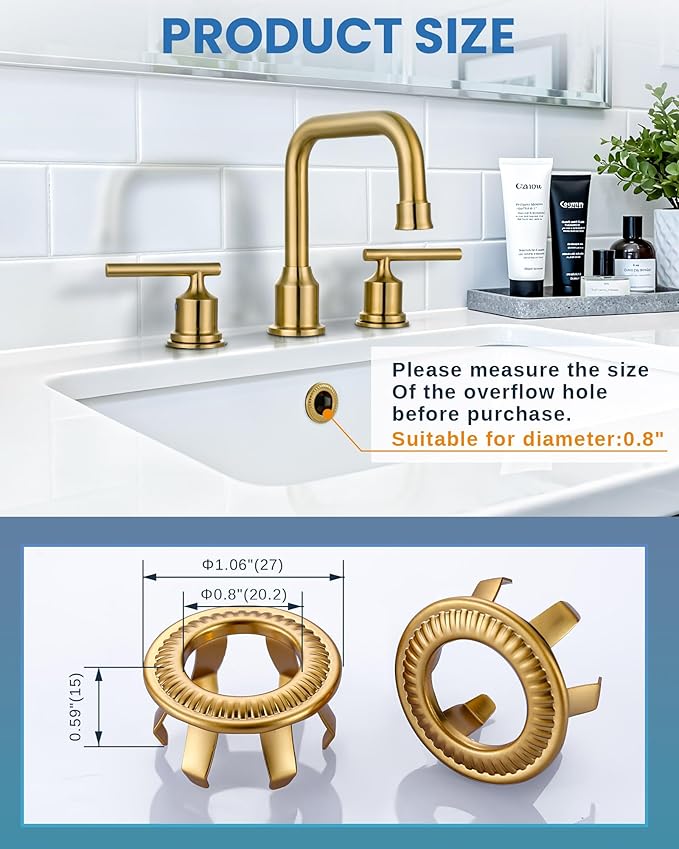 2 Pack Sink Overflow Ring, WOWOW Bathroom Kitchen Sink Basin Trim Copper Overflow Cover Hole Insert Cap, Vanity Sink Trim Rings (Brushed Gold)