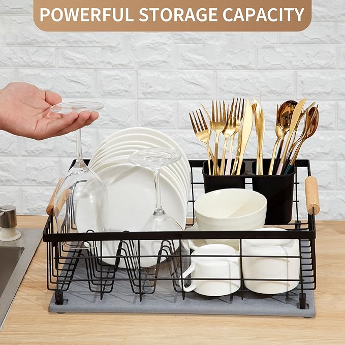Lalaunicky Dish Drying Rack with Stone Drying Mat, Dish Drainer and Diatomaceous Earth Dish Mat, Dish Drainers for Kitchen Counter with Stone Dish Mat
