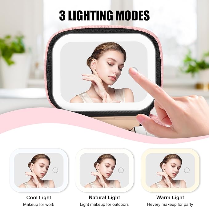 Relavel Mini Makeup Bag with Led Mirror, Small Cosmetic Bag with 3 Light Modes, Rechargeable Portable Makeup Pouch with Hands-Free Wrist Strap for Pool Parties丨Work Touch-Ups丨Travel - Pink