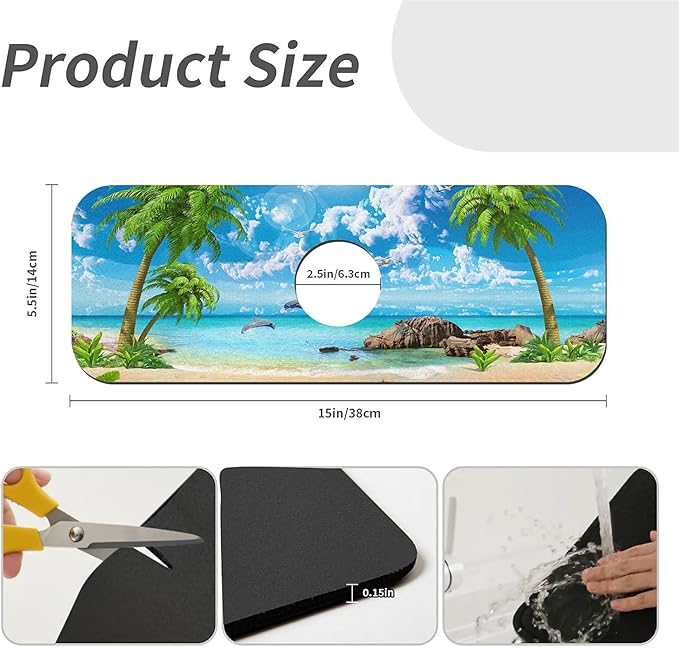 Kitchen Sink Splash Guard, Summer Coconut Beach Dolphins Faucet Mat Sink Gadgets - Super Absorbent Fast Drying Mat Drip Catcher for Kitchen, Bathroom, Sink Mat, Dish Drying Mat, Bathroom (15" X 5.5")
