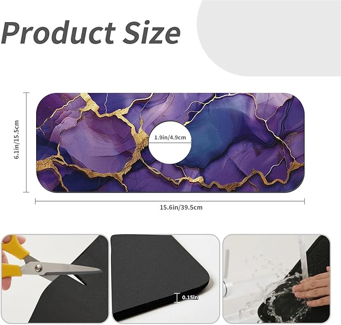 Kitchen Sink Splash Guard，Deep-purple gold marble Faucet Mat Sink Gadgets-Super Absorbent Fast Drying Mat Drip Catcher for Kitchen, Bathroom,Sink Mat, Dish Drying Mat, Bathroom(15" X 5.5" )