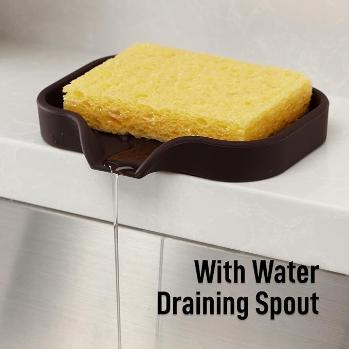 Zulay Kitchen Small Silicone Sponge Holder (4.9x3.3”) – Space-Saving Sink Organizer Tray for Sponge, Soap, Brush & More – Compact Non-Slip Dish for Kitchen & Bathroom (Chocolate)
