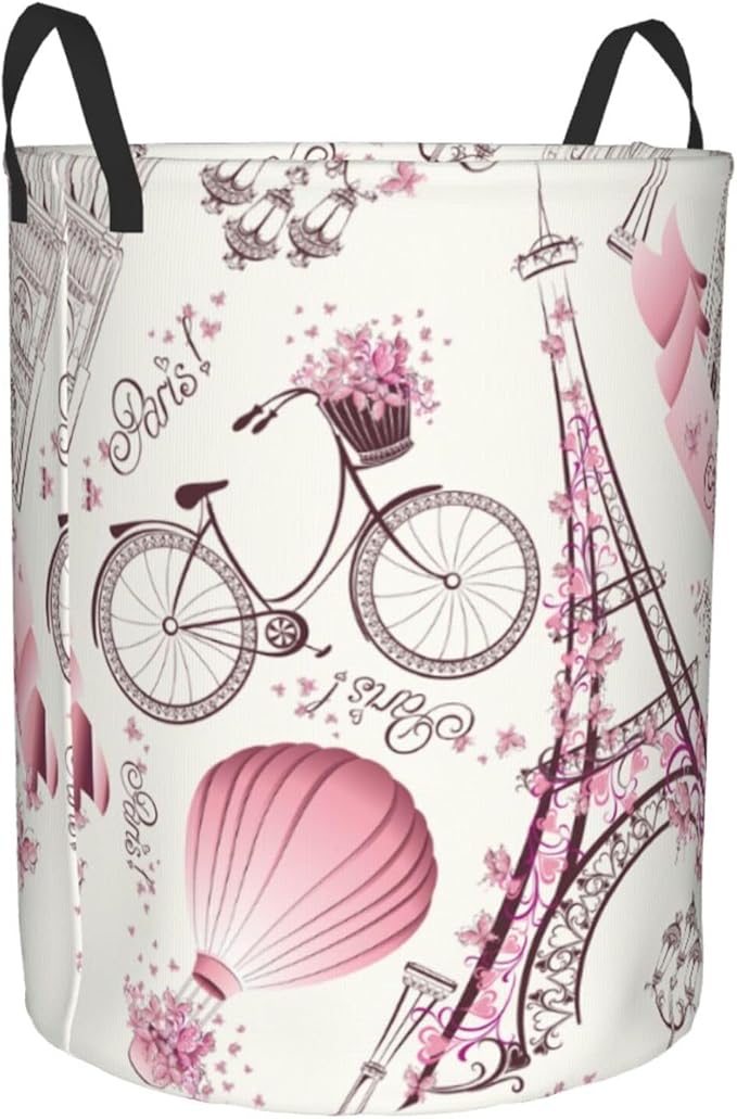 Paris Eiffel Tower Round Laundry Hamper Storage Basket Toys Clothes Organizer Bin For Home Bathroom Bedroom Dorm Nursery, 62l